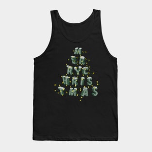 Merry Christmas written in the shape of a tree with some Christmas lights Tank Top